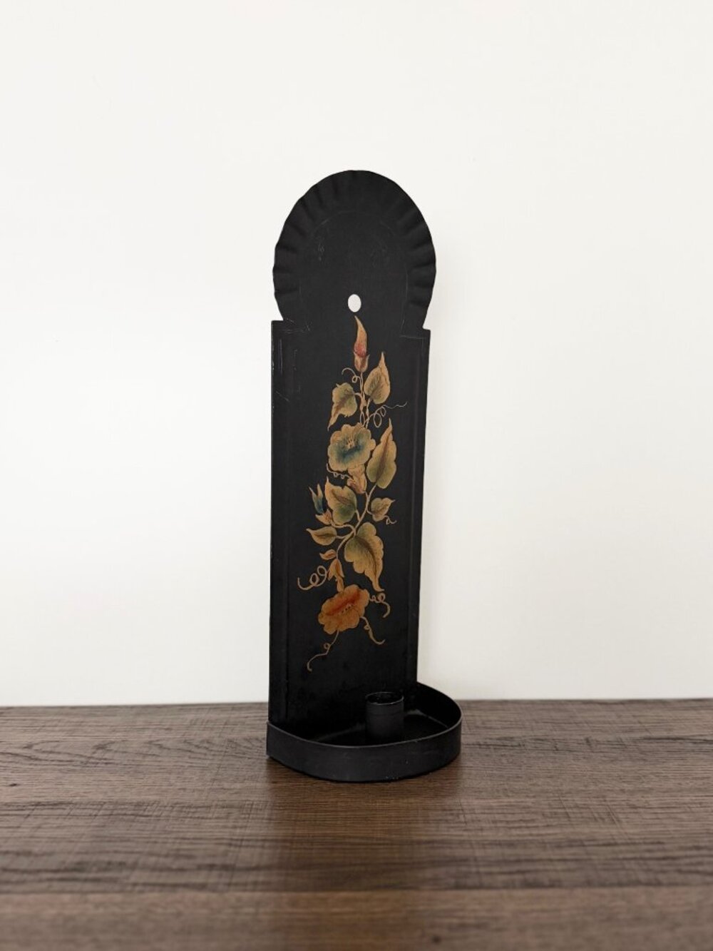 Vintage Black Hand Painted Floral Tole Wall Sconce Tin Candle Holder Folk Art